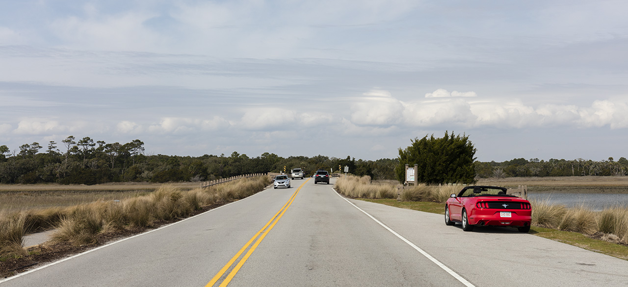 Road across inland marshes to Kiawah Island, South Carolina, USA