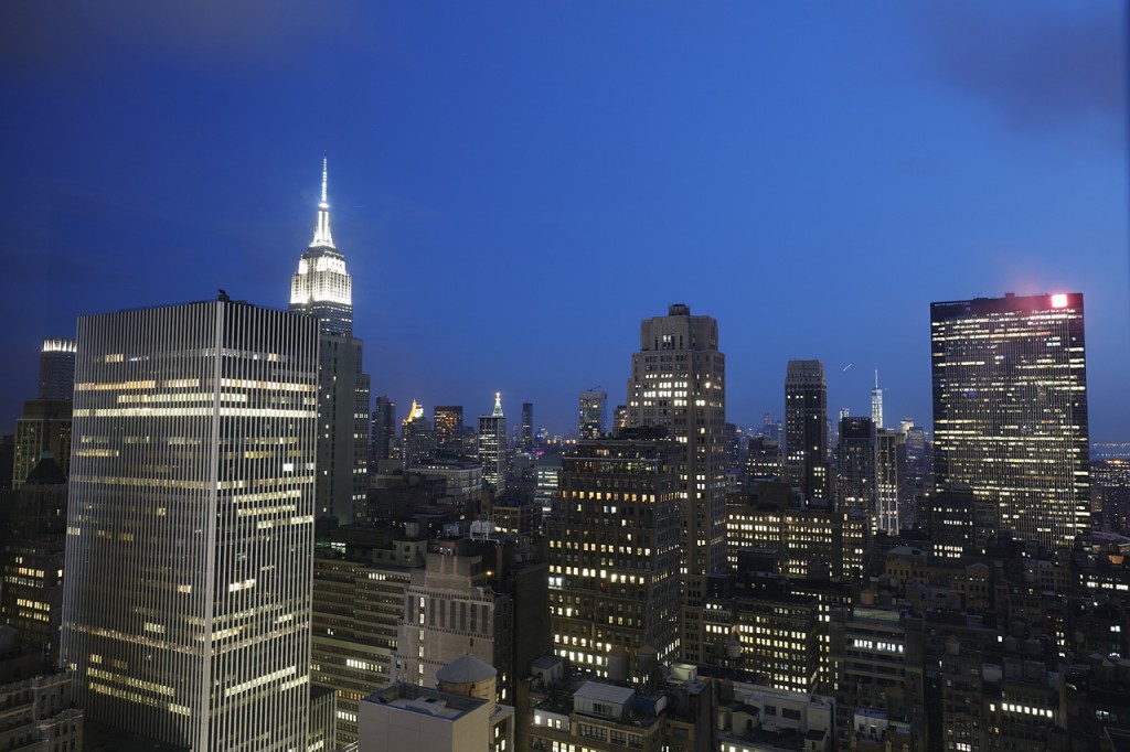View of Midtown from Times Square, with distant new World Trade Center, New York