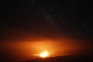 Halema'uma'u glow and milky way from Jaggar Museum