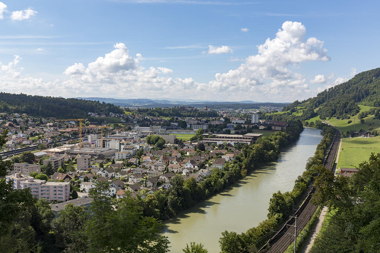 View across Aare river to Aarberg Castle, Solothurn, Switzerland