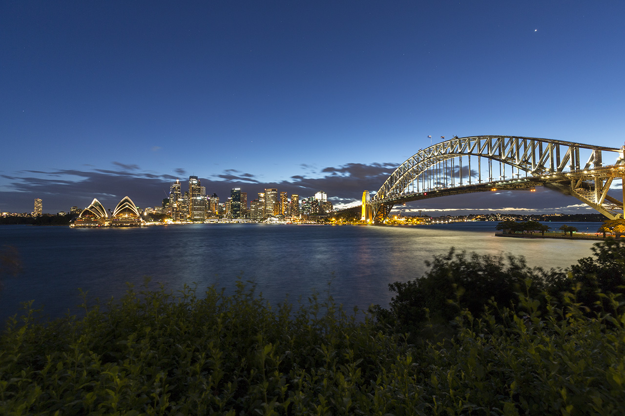 Harbor view with bridge and opera house, Dr Mary Booth Lookout Reserve, Kirribilli, Sydney, New South Wales, Australia