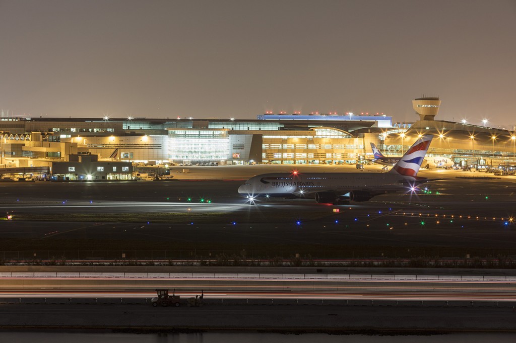 British Airways A380 waiting for departure at night, MIA airport, Miami, Florida, USA