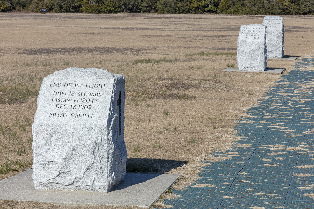 First in Flight - Markers at Wright Brother National Memorial, Outer Banks, North Carolina, USA