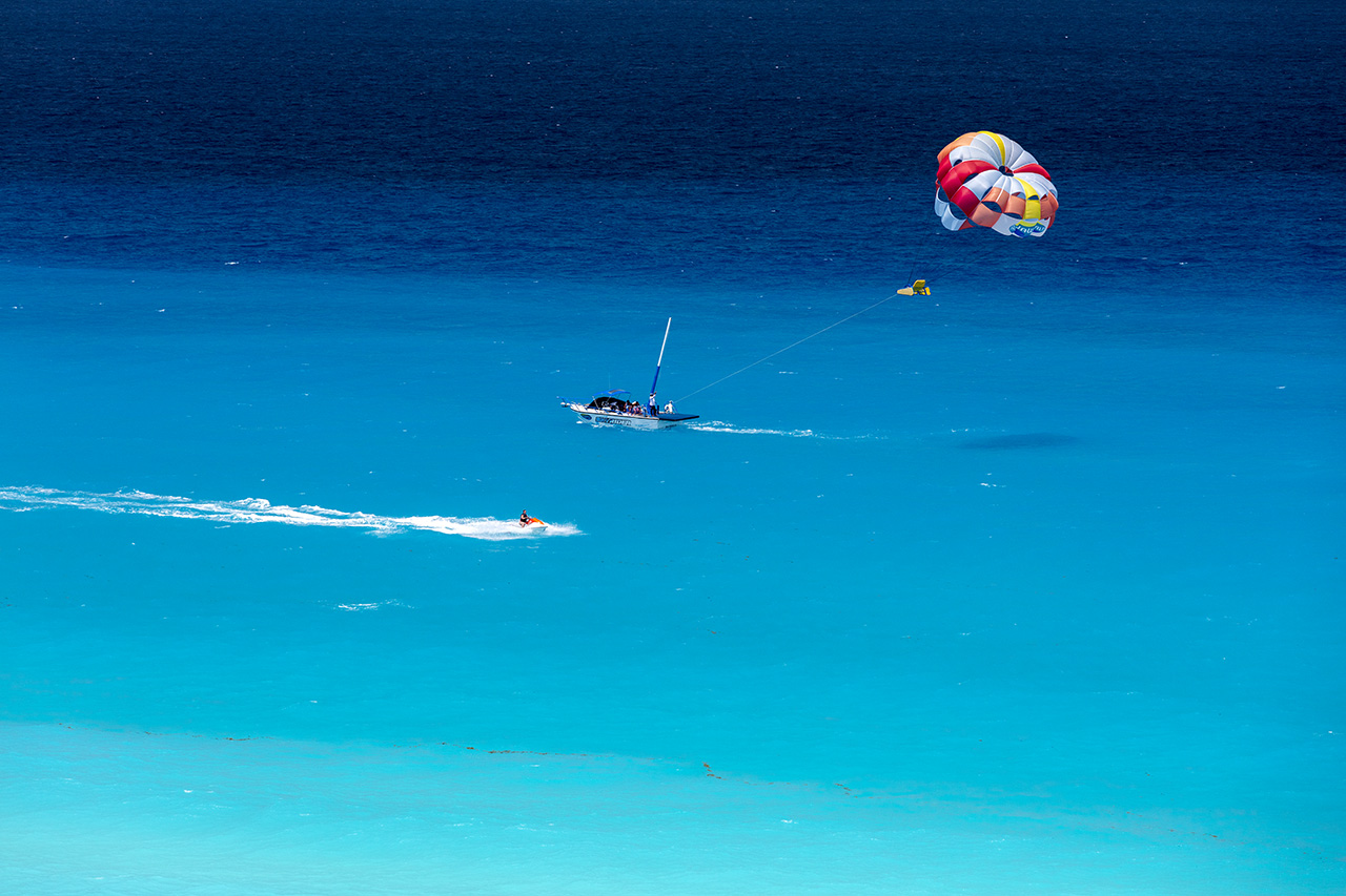 Beach at Zona Hotelera with water sports, Cancun, Mexico