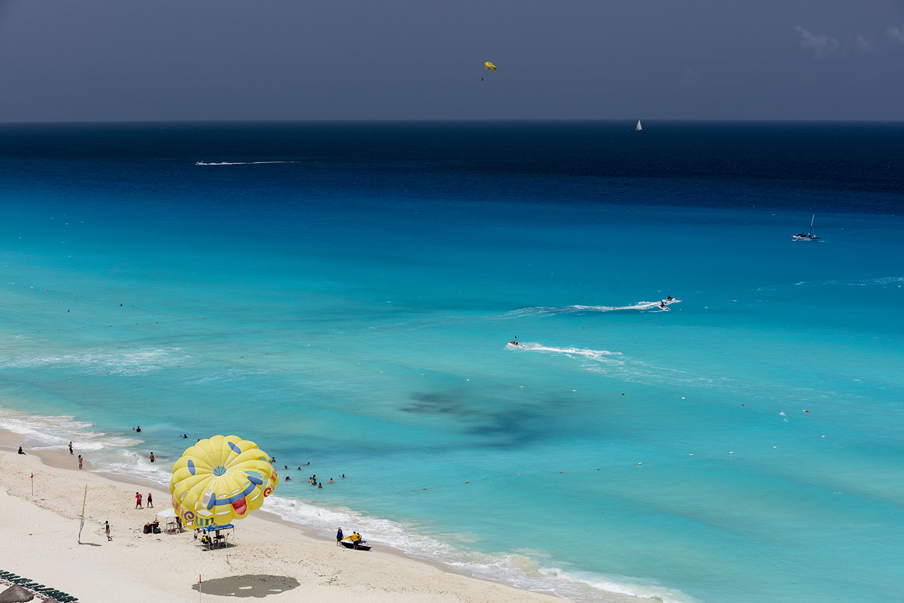 Beach at Zona Hotelera with water sports, Cancun, Mexico