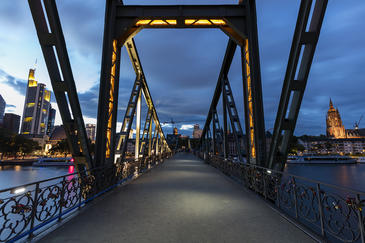 Eiserner Steg and view of Financial District, Frankfurt, Hessen, Germany