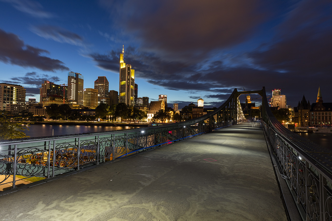 Eiserner Steg and view of Financial District, Frankfurt, Hessen, Germany