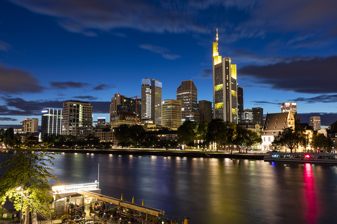 Eiserner Steg and view of Financial District, Frankfurt, Hessen, Germany