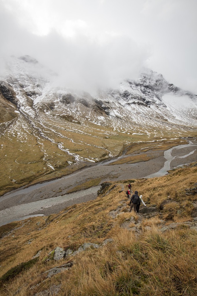 Sleet and view to Rhein river, Greina plain, Grisons, Switzerland