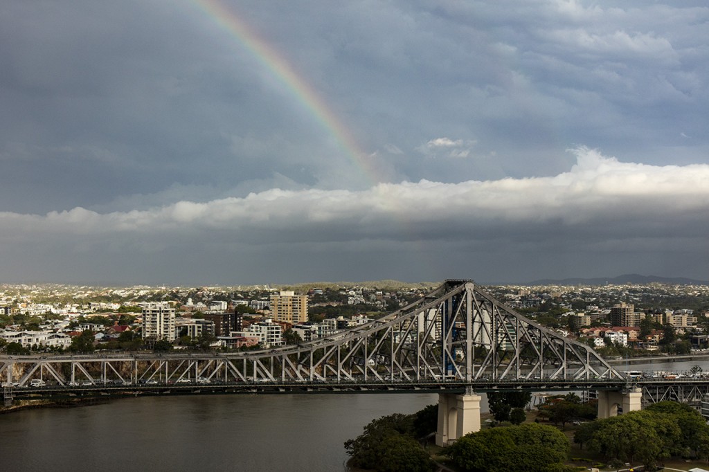 Thunderstorm, rainbow and story bridge, Brisbane, Queensland, Australia