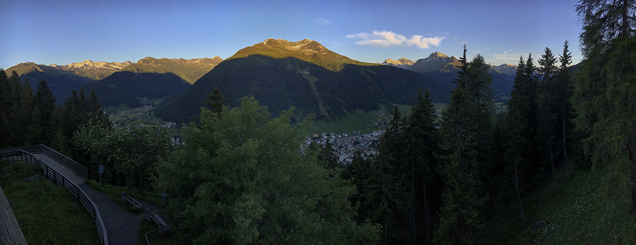 Panoramic sunset view across Davos to Jakobshorn, Graubünden, Switzerland