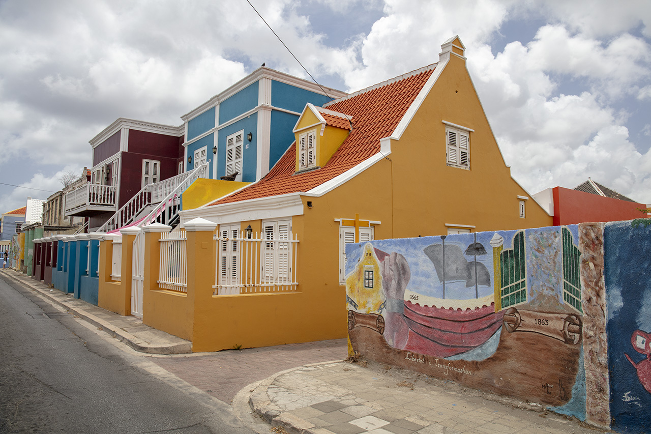 Colorful row of houses in Willemstad, Curacao, Caribbean