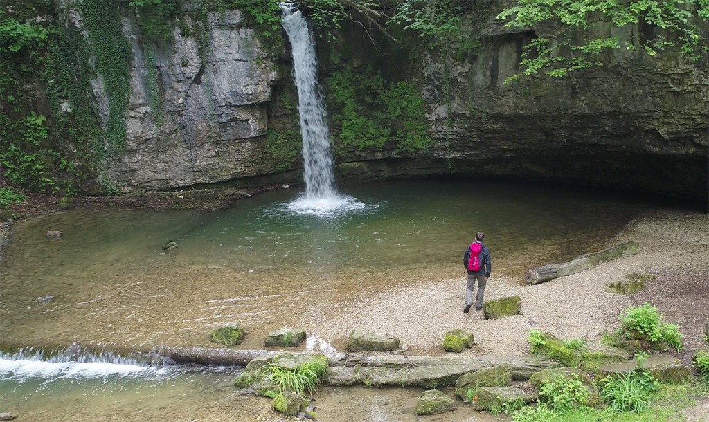 Hiker at Giessen Waterfall from the air, Basel-Landschaft, Switzerland