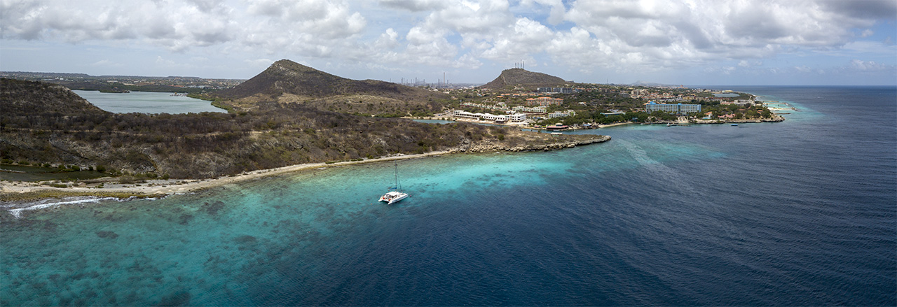 Hilton Beach drone view from off the coast, Curacao, Caribbean