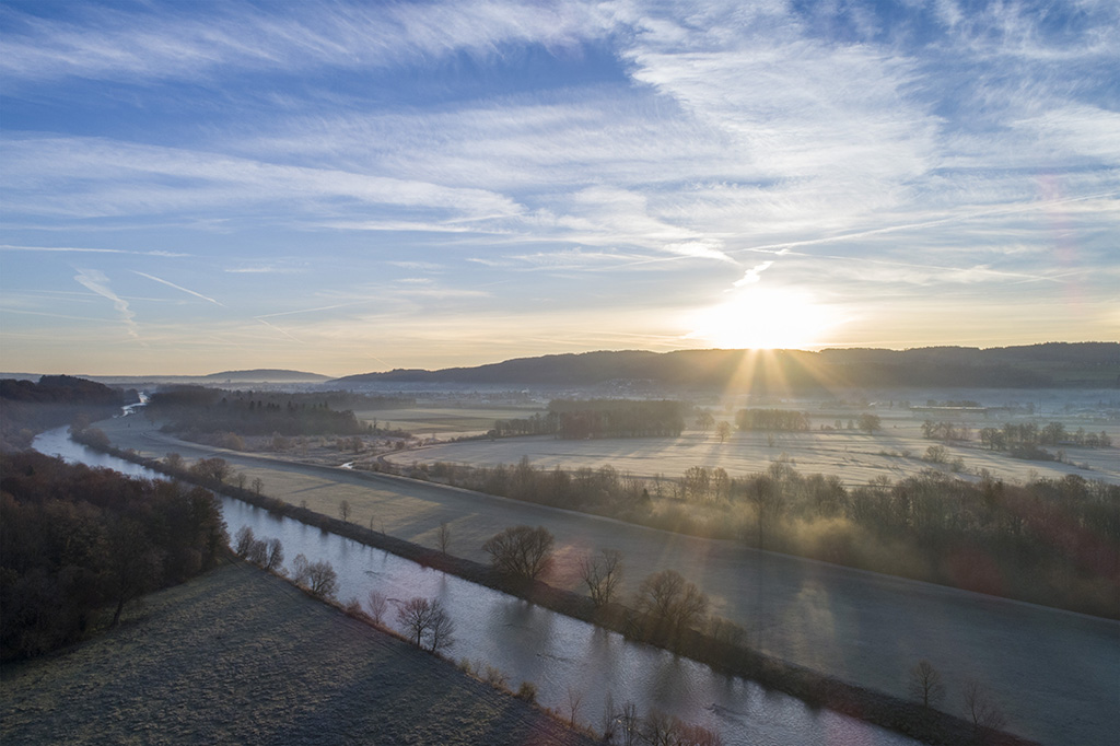 Sunrise above Thur river, Frauenfeld, Thurgau, Switzerland