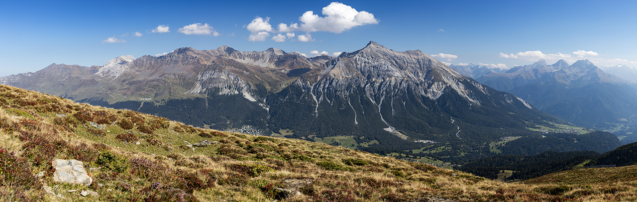 Alpenpanorama mit Parpaner Rothorn, Aroser Rothorn, Piz Naira, Lenzerhorn und Piz Linard, aufgenommen von der Alp Scalottas, Lenzerheide, Graubünden, Schweiz