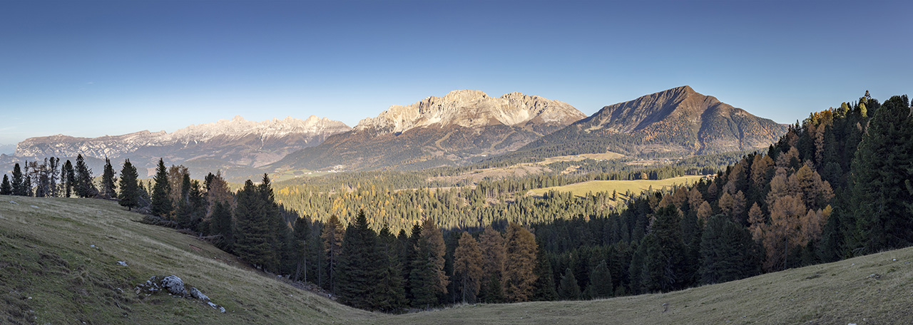 Panorama auf Rosengarten und Latemar, Jochgrimmpass, Deutschnofen, Südtirol, Italien