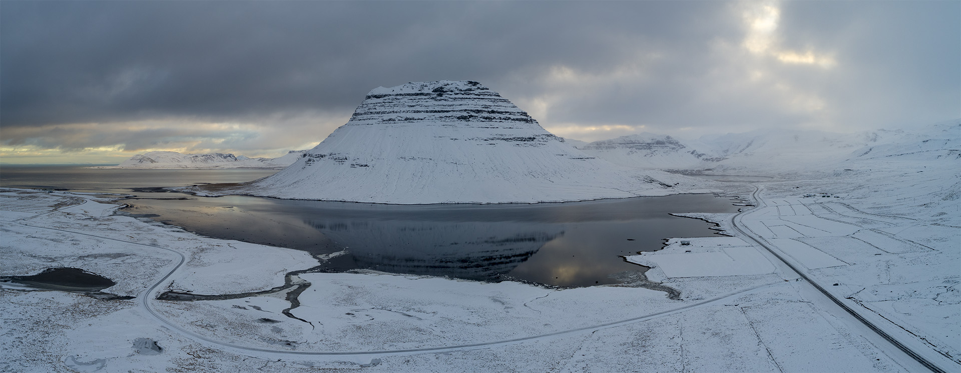 Drone view of Kirkjufell mountain, Snæfellsnes, Iceland