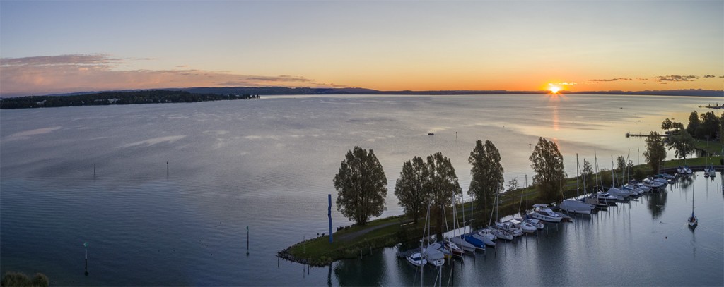 Sunrise panorama across the harbor of Kreuzlingen, Thurgau, Switzerland