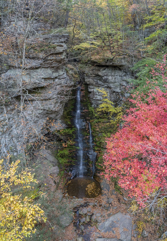 Aerial shot of Buttermilk Falls in the Peekamoose Valley, Catskills, New York, USA