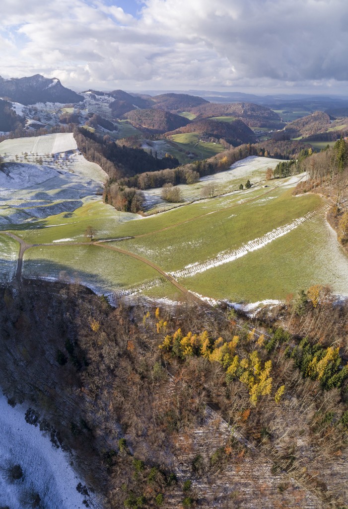 View across Jura mountain chain, with tank defense line from WWI, Challhöchi, BL, Switzerland